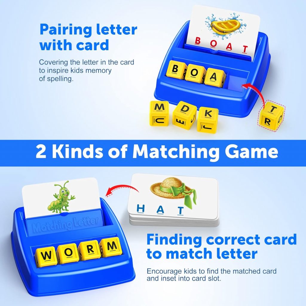 Fun matching game with letter cubes and picture cards